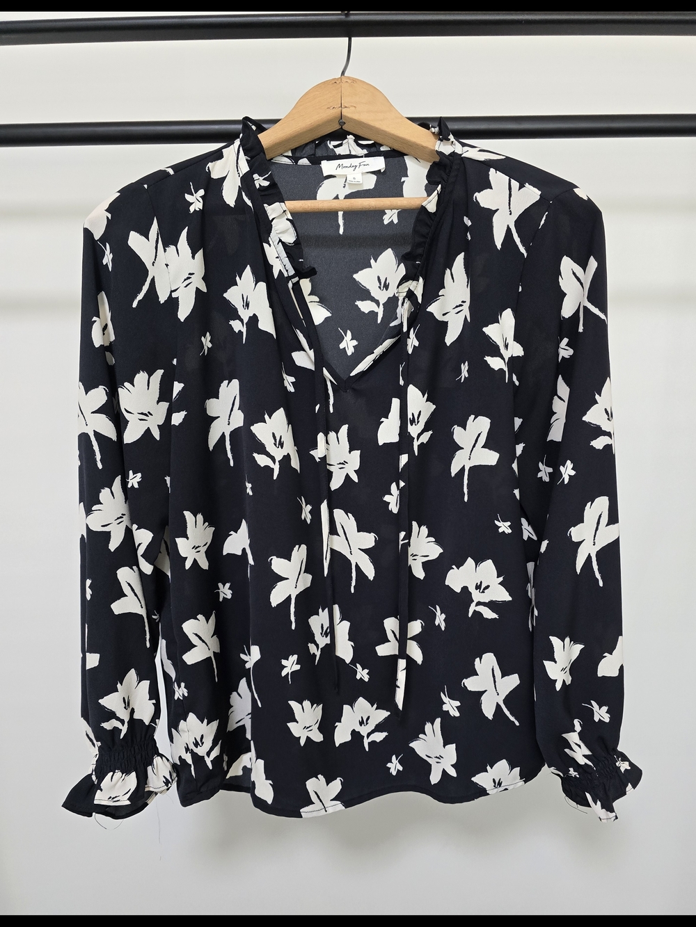 Pleione Black Floral Tie-Neck Blouse